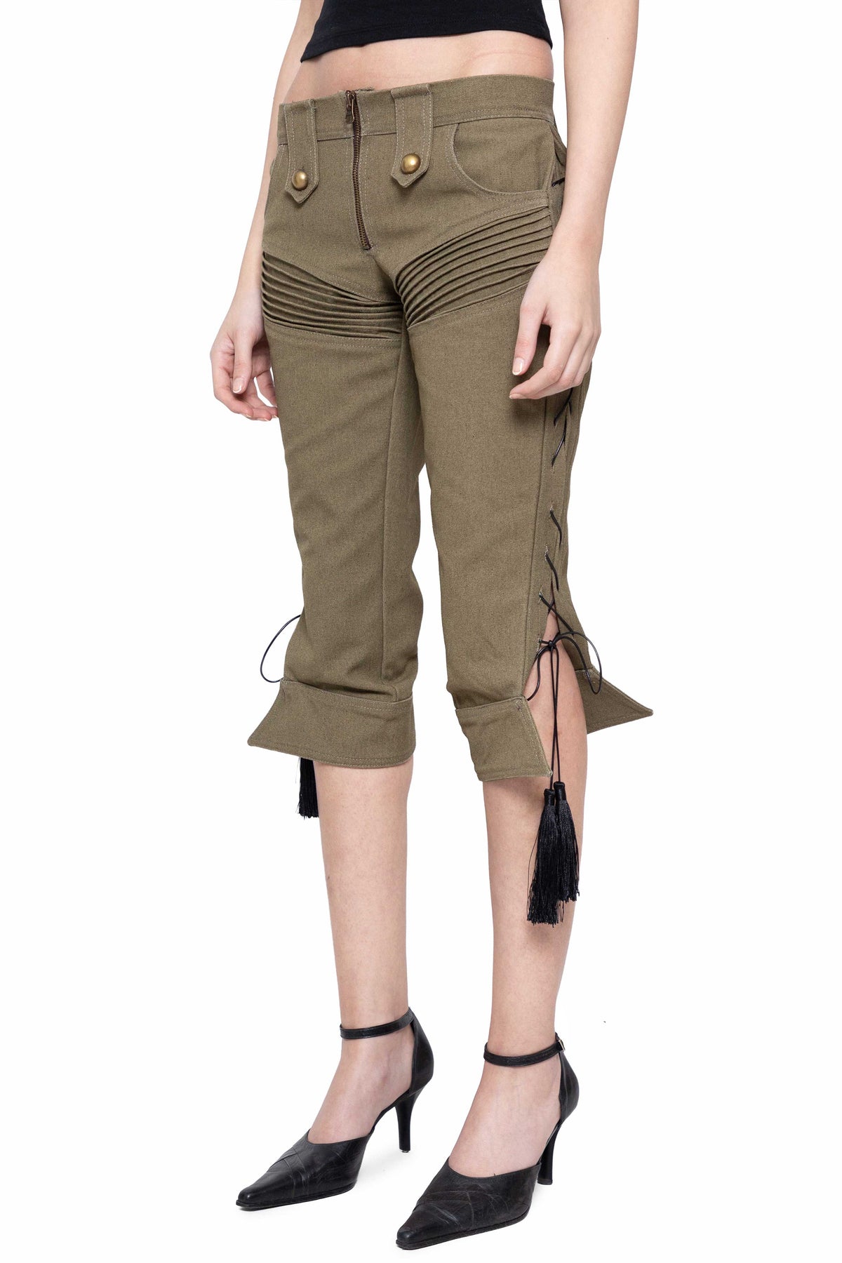 Militant Lace Up Khaki Cargo Capris